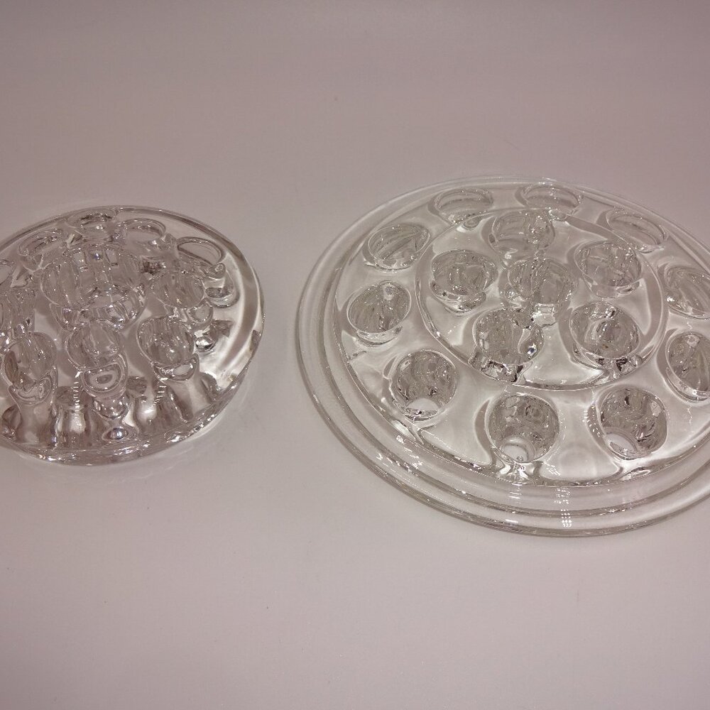 2 Vintage Clear Glass Round Flower Frogs Holders 11 & 16 Holes 3-1/4" & 5-1/8"
